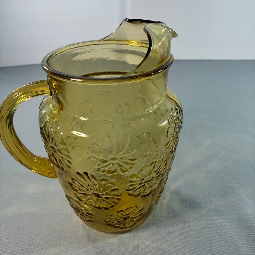 Vintage Amber Glass Pitcher Daisy Floral Pressed Glass Ice Lip 10 Inch Pitcher